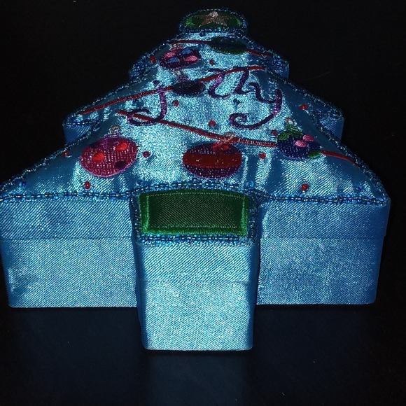 Vintage‎ Blue Christmas Tree  Satin Beaded Trinket Gift Box Ornament - Picture 4 of 7